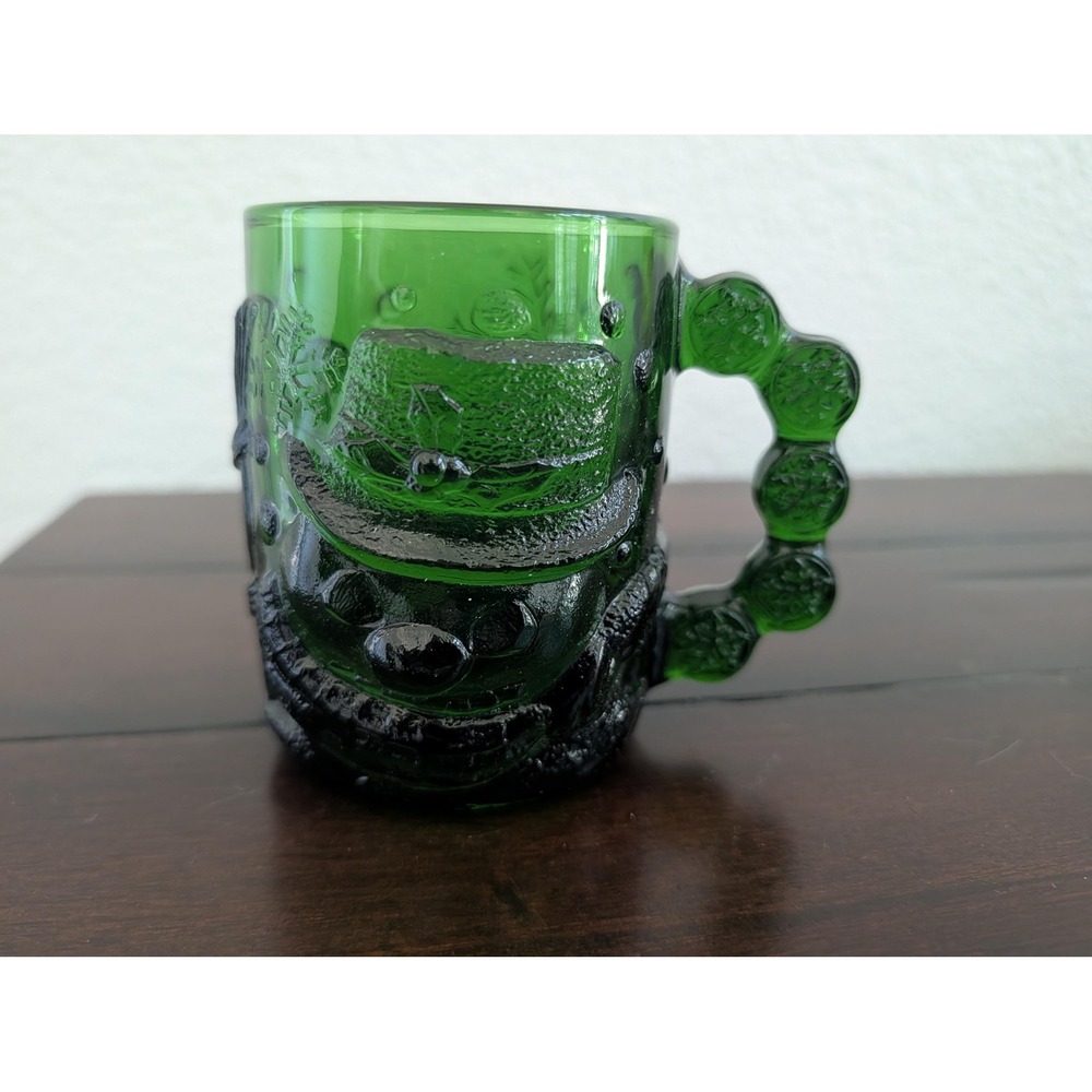 Vtg Arcoroc Green Glass Snowman Mug Embossed Snowflakes Christmas Mug France